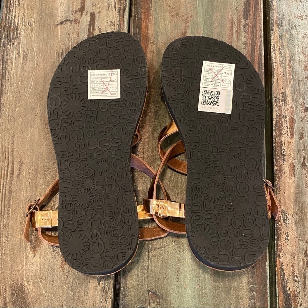 UGG NWOT Jordyne Sandals Flats Size 5 Metallic Copper Leather Braided Black - Picture 8 of 13